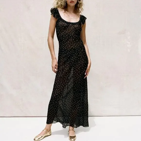 NWT Realisation Lila Silk Polka Dot Short Sleeve Bias Slip Maxi Dress Celestial - Picture 5 of 16